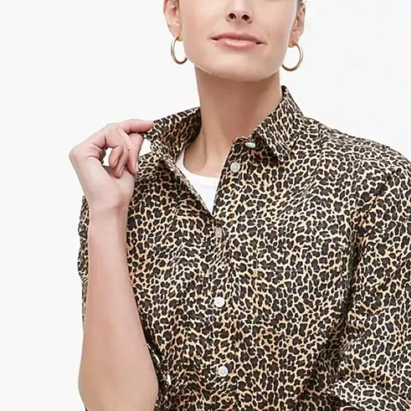 J Crew Curvy Leopard Print Button Up Blouse 4T Cotton Long Sleeve Office Career - Picture 11 of 13